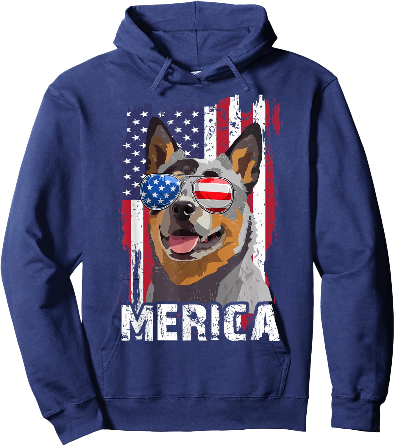 Merica 4th July Australian Cattle Dog US Flag Heeler Mom Dad Hoodie - Hoodie | Navy