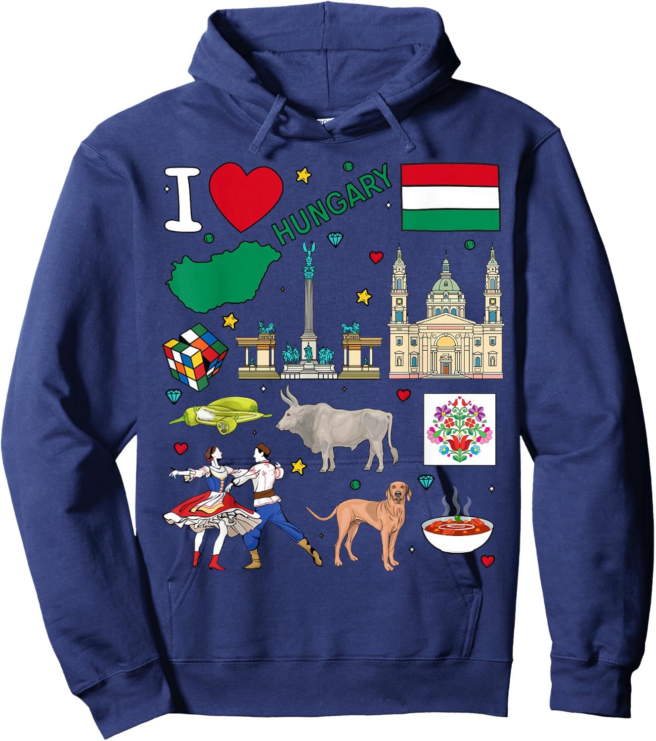 I love Hungary. Hand drawn Hungarian Landmarks, flag and map Hoodie - Hoodie | Navy