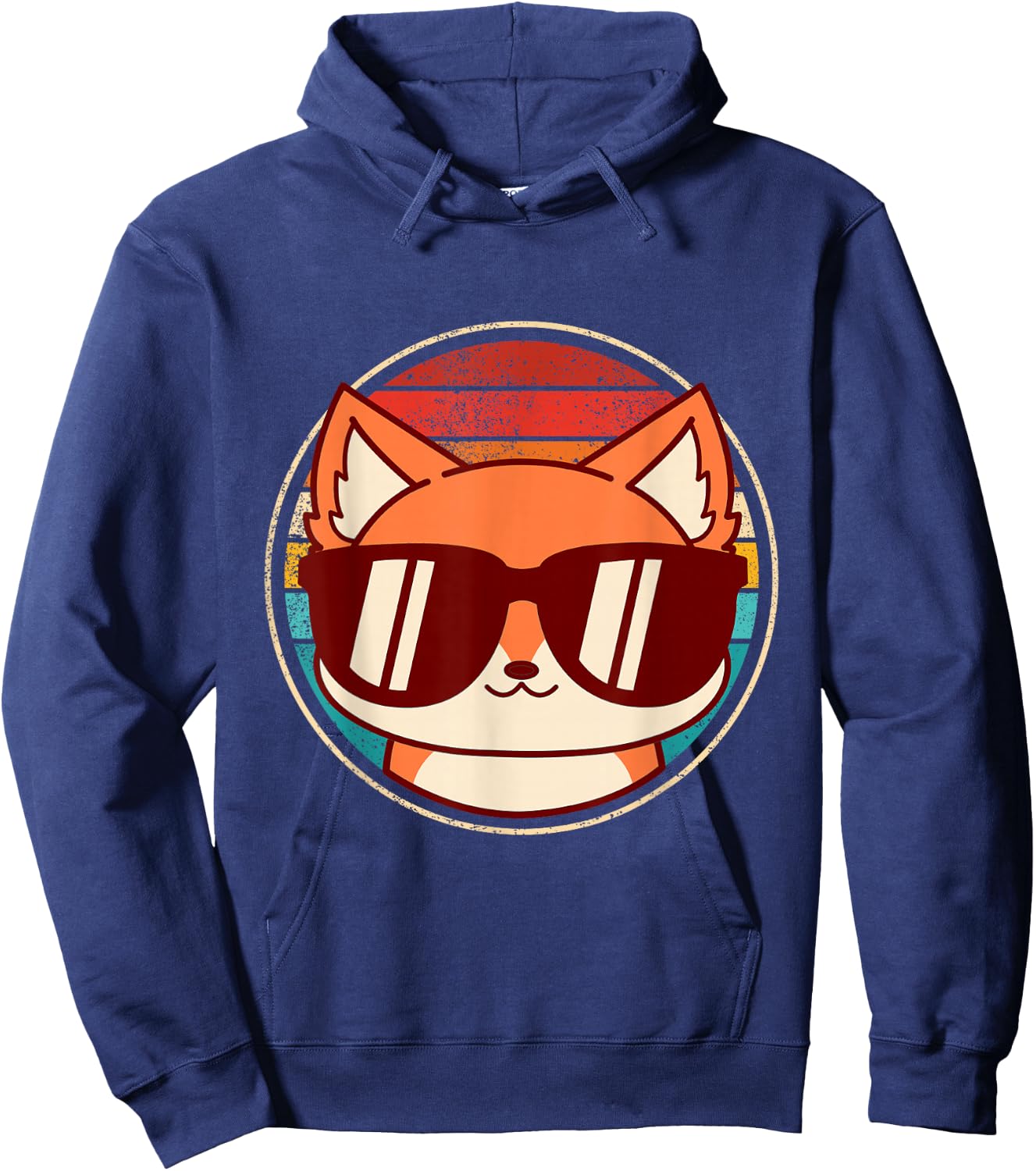 Retro Fox with Sunglasses and Vintage Backround Hoodie - Hoodie | Navy