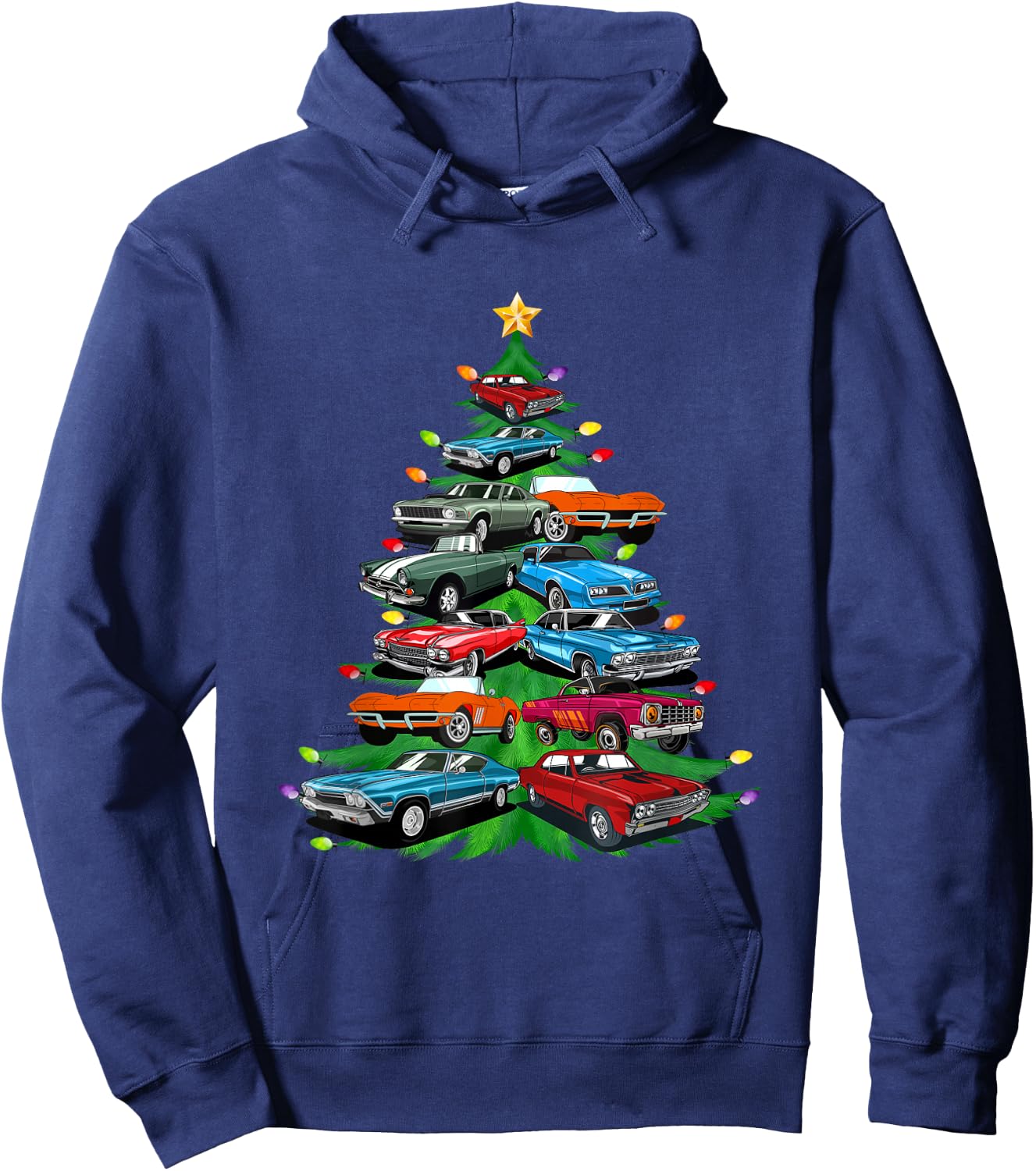 Car Madness Christmas Tree -Classic Muscle Cars and Hotrods Hoodie - Hoodie | Navy