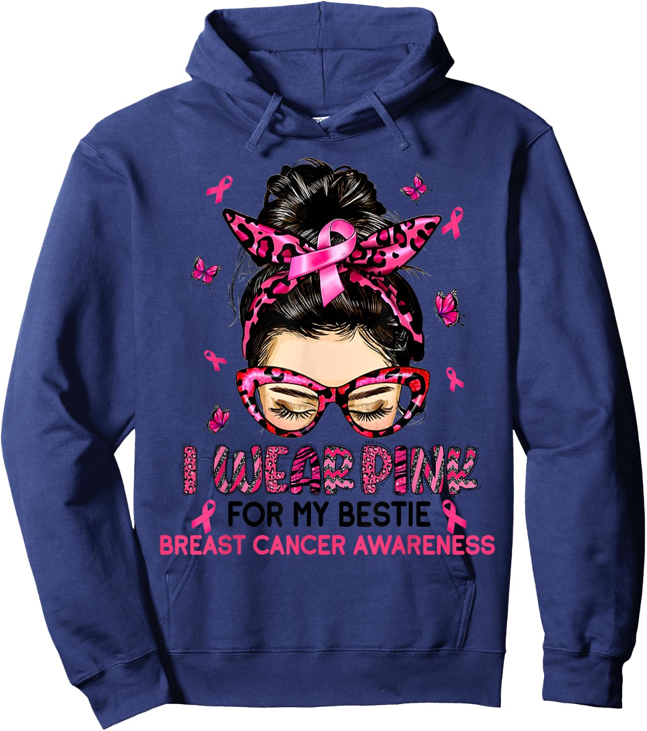 I Wear Pink For My Bestie Breast Cancer Awareness Leopard Hoodie - Hoodie | Navy