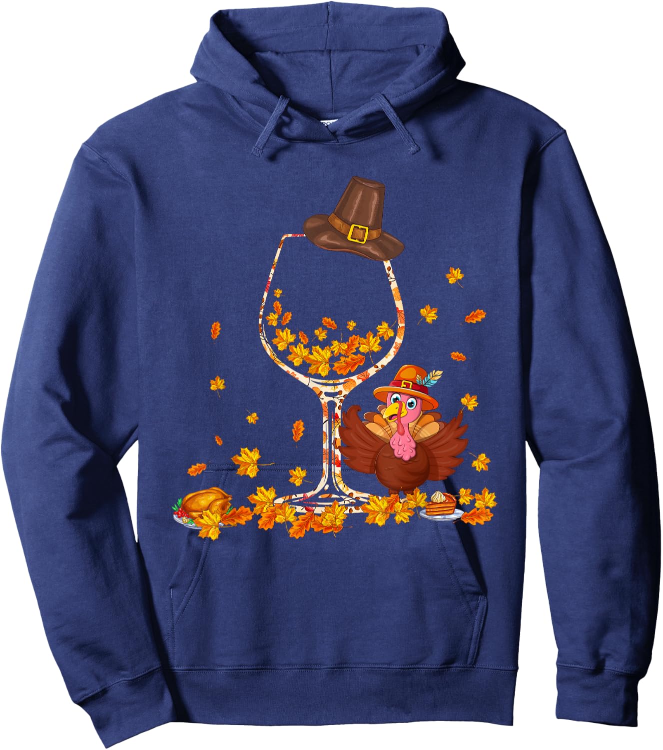 Fall Leaves Floral As Wine Glasses Shape Thanksgiving Turkey Hoodie - Hoodie | Navy