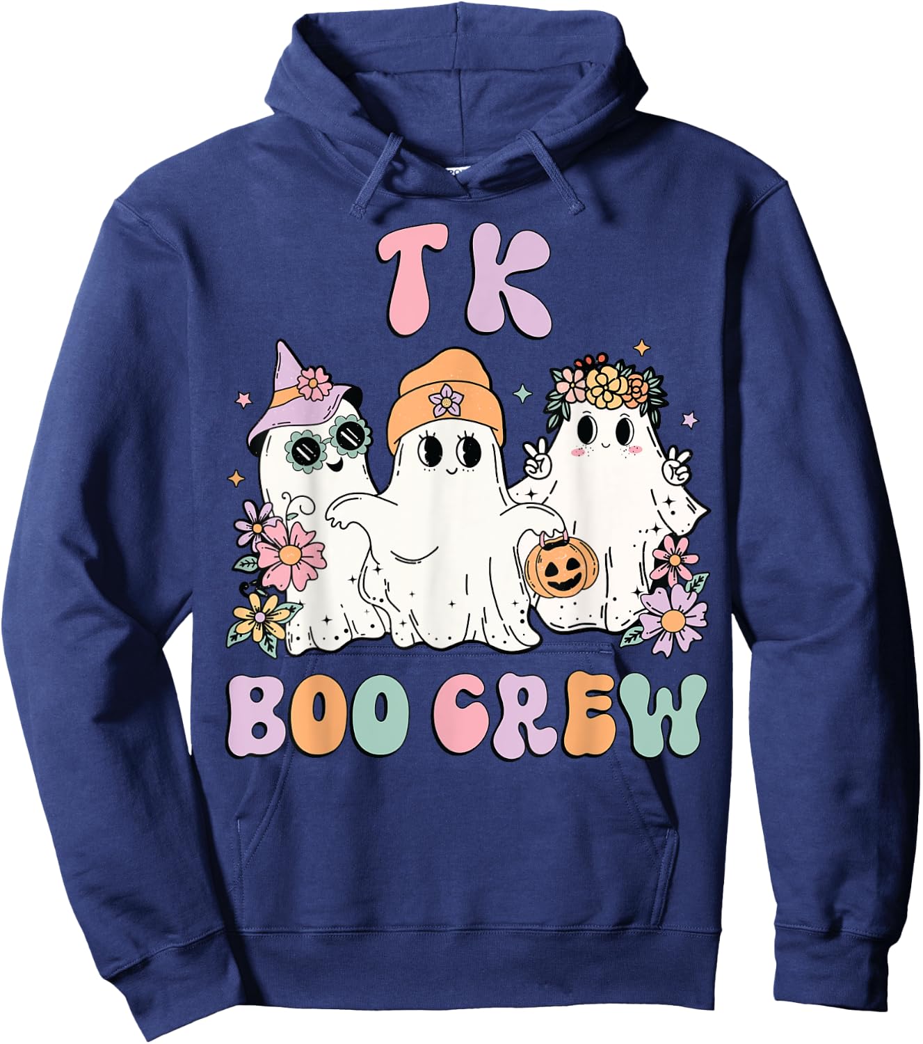 TK Boo Crew Retro Groovy Halloween Floral Ghost TK Teacher Hoodie - Hoodie | Navy