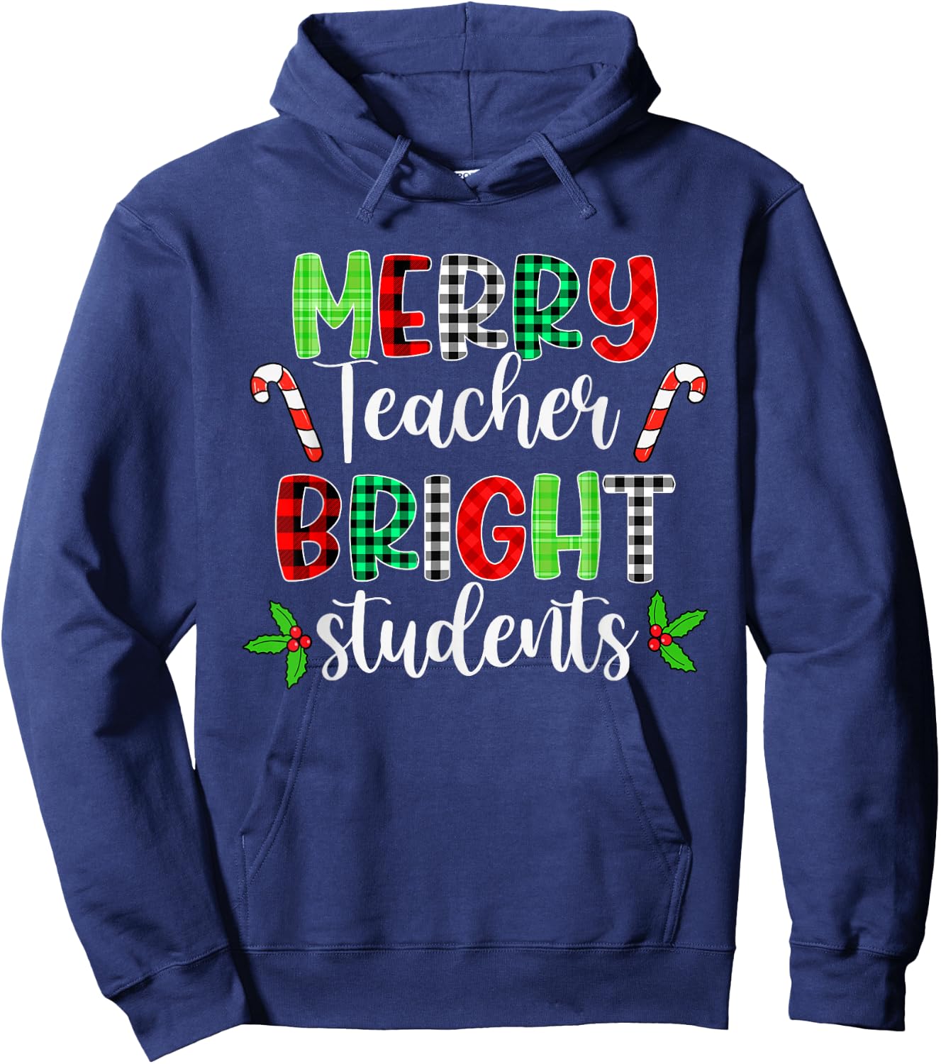 Plaid Merry Teacher Bright Students Funny Christmas Teacher Hoodie - Hoodie | Navy
