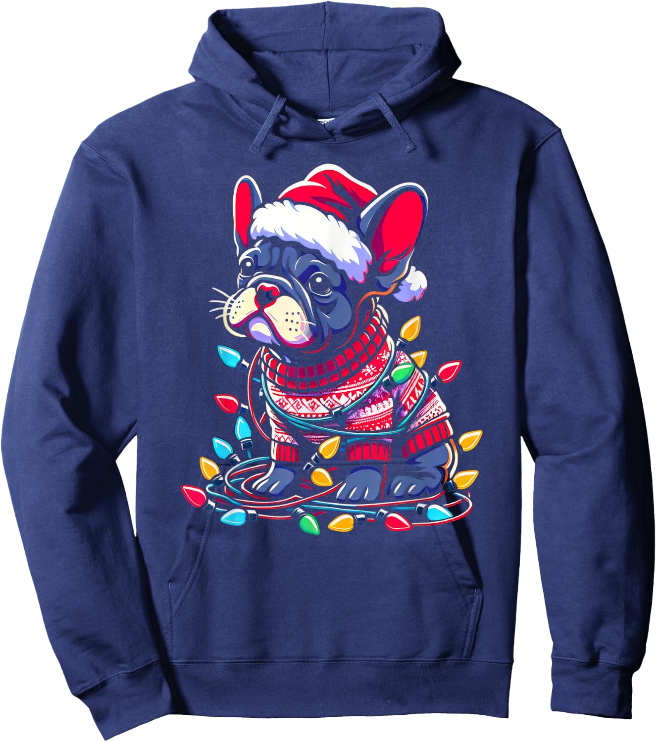 Funny Frenchie Tree Xmas Lights Pajama Hoodie - Hoodie | Navy