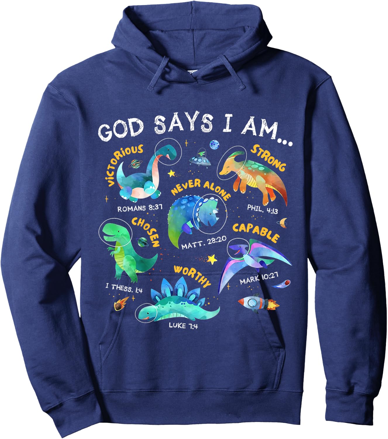 Kids God Says I Am Outer Space Dinosaur Bible Christian Boys Hoodie - Hoodie | Navy