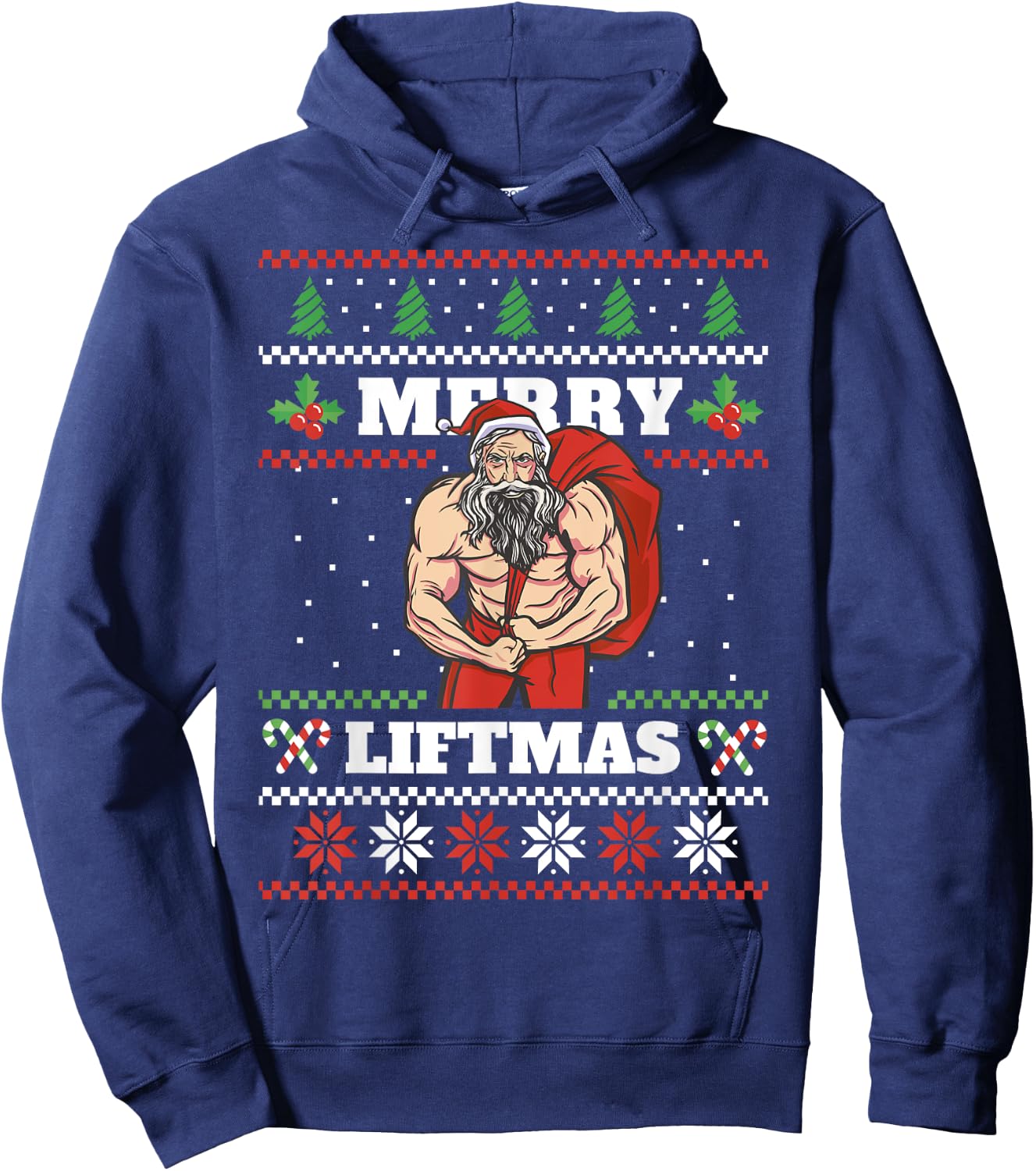 Funny Muscle Santa Lifting Christmas Ugly Christmas Hoodie - Hoodie | Navy