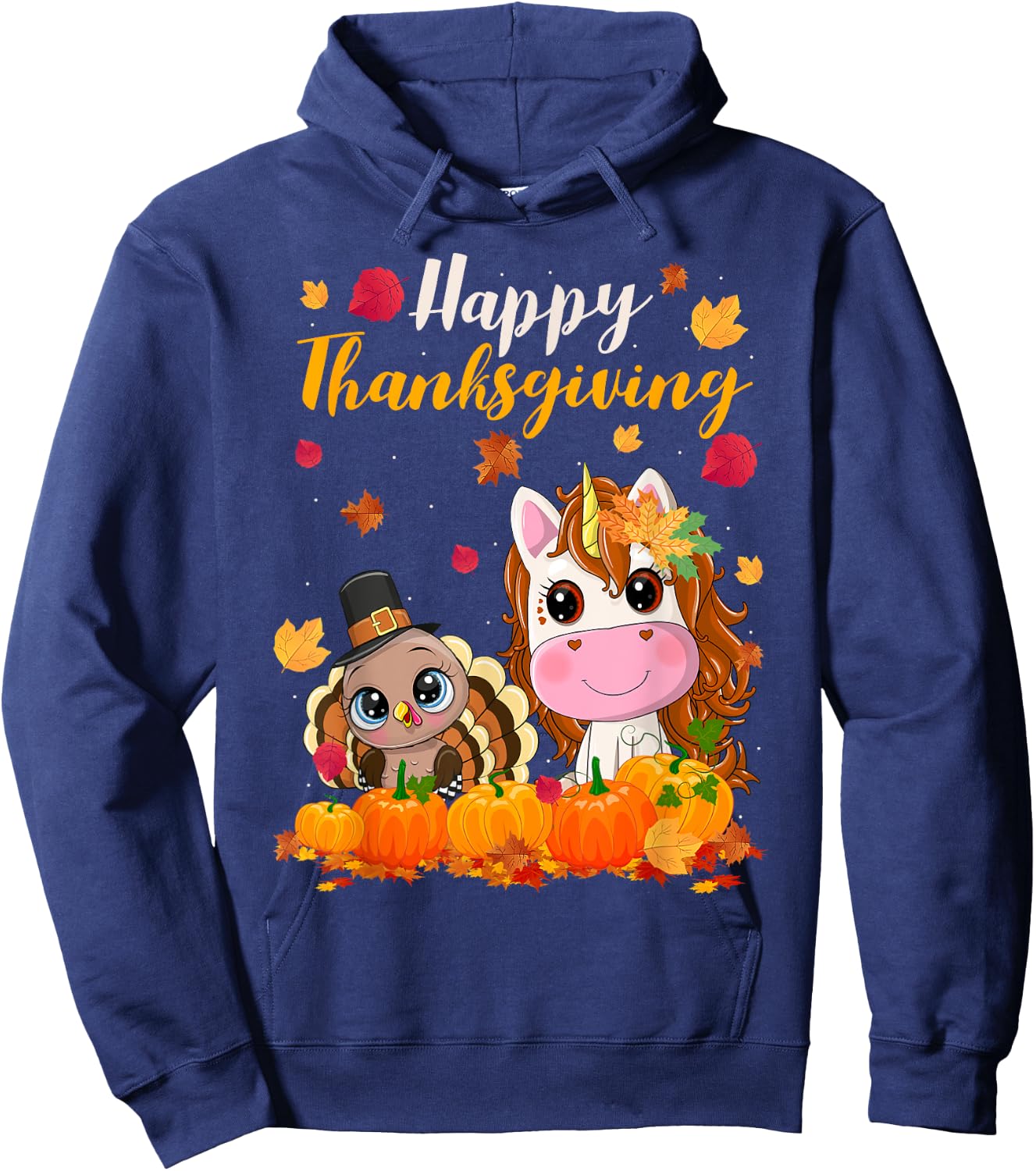 Cute Unicorn Turkey Pilgrim Thanksgiving Fall Little Girls Hoodie - Hoodie | Navy
