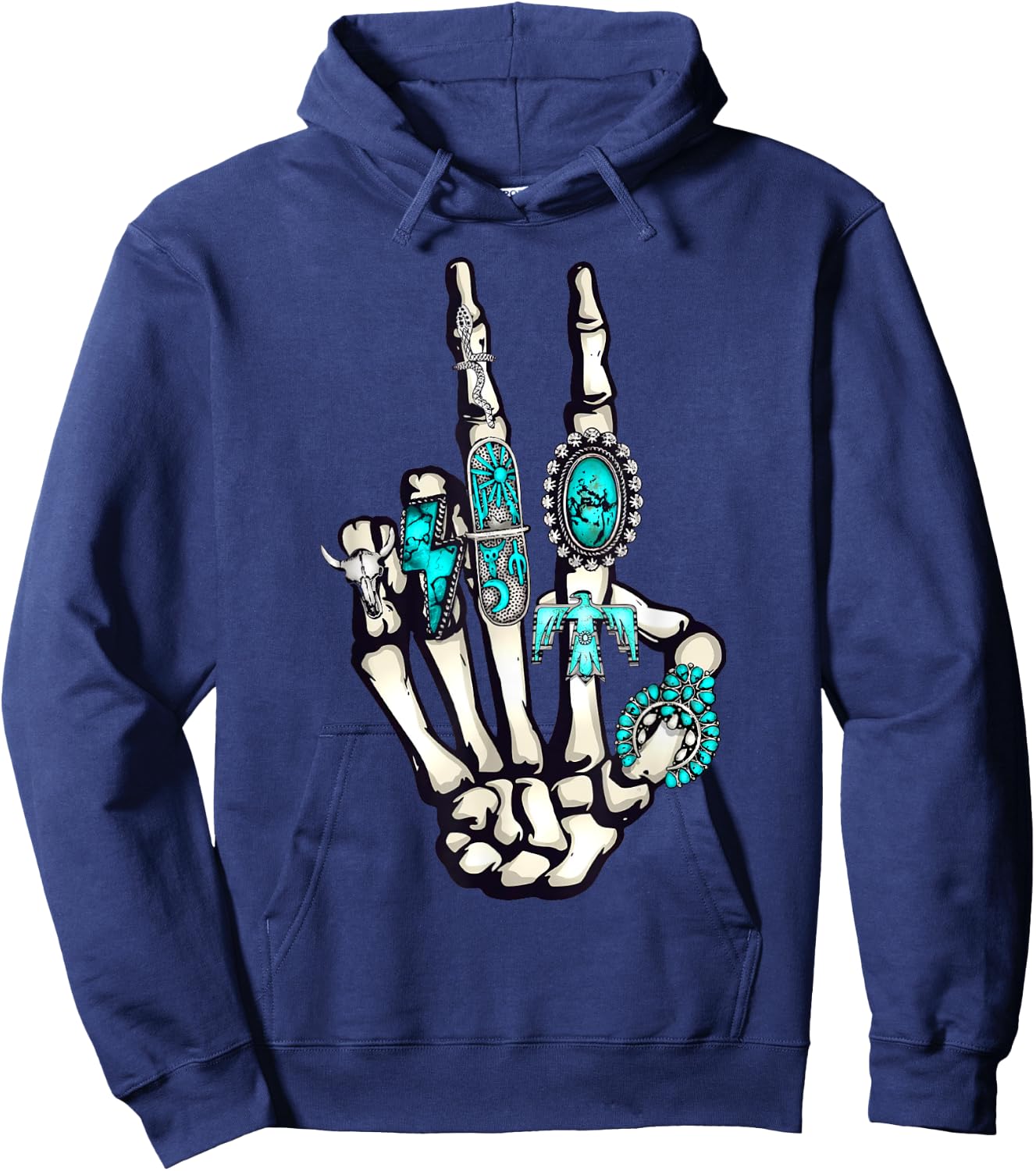 Skeleton with Turquoise Hand Western Skeleton Rings Lover Hoodie - Hoodie | Navy