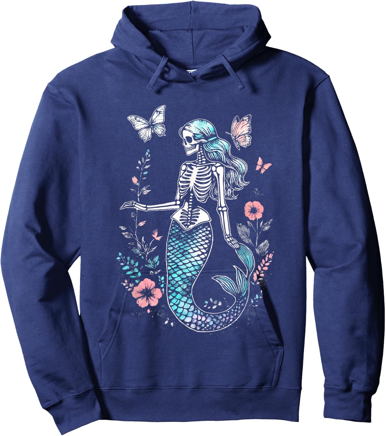 Goth Floral Butterflies Kawaii Skeleton Mermaid Hoodie - Hoodie | Navy