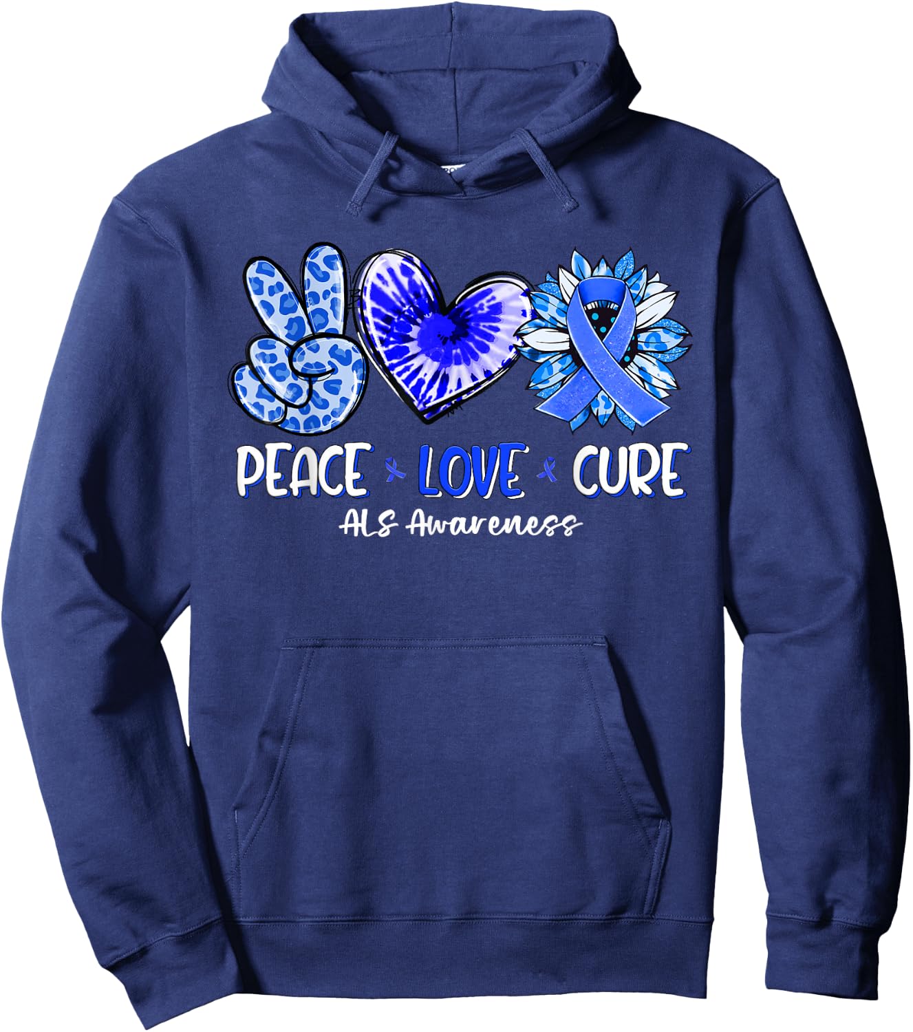 Peace Love Cure Sunflower ALS Awareness Hoodie - Hoodie | Navy