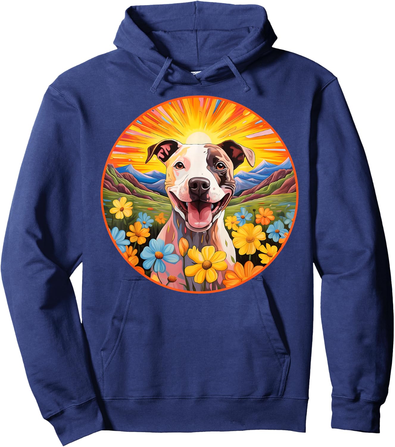 Cute Pitbull Colorful Flower Mountain Sunset Puppy Dog Hoodie - Hoodie | Navy