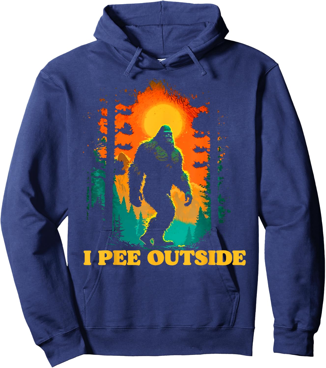 I Pee Outside Funny Bigfoot Hiking Sasquatch Retro Sunset Hoodie - Hoodie | Navy