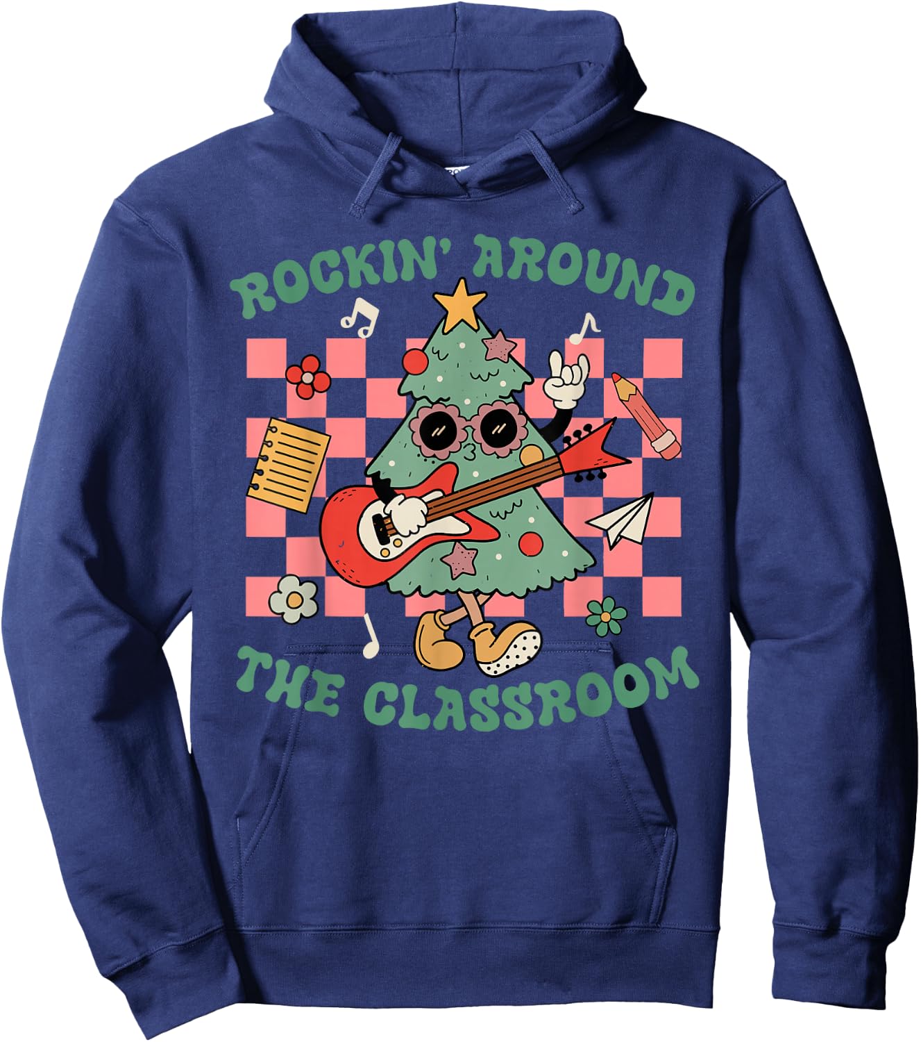 Retro Groovy Teacher Christmas Rockin' Around The Classroom Hoodie - Hoodie | Navy