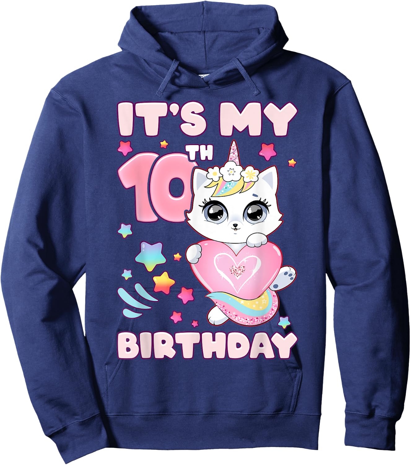 Birthday girl 10 years old, cat, unicorn, 10th birthday Hoodie - Hoodie | Navy