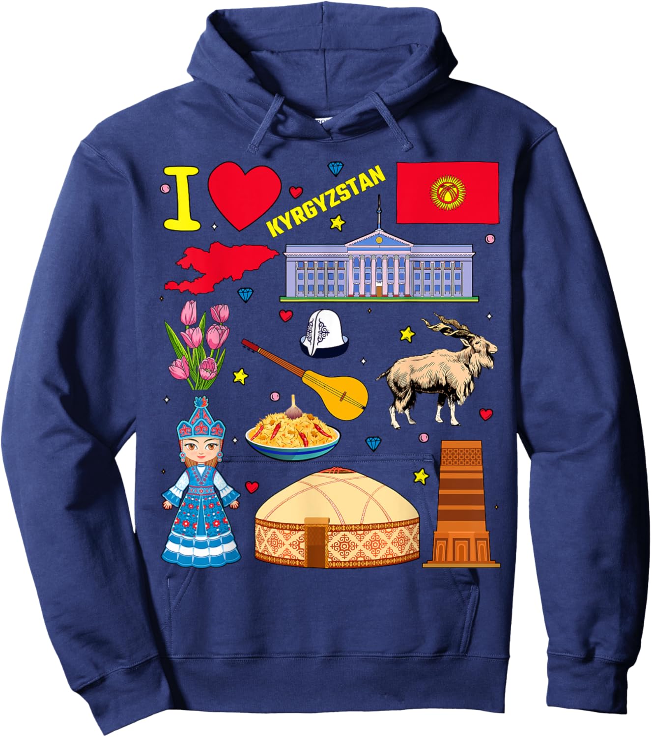 I love Kyrgyzstan. Hand drawn Kyrgyz Landmarks, flag and map Hoodie - Hoodie | Navy