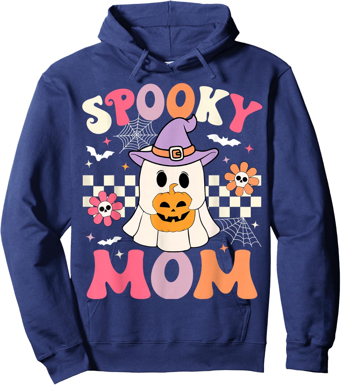 Groovy Spooky Mom Retro Ghost Holding Pumpkin Halloween Hoodie - Hoodie | Navy