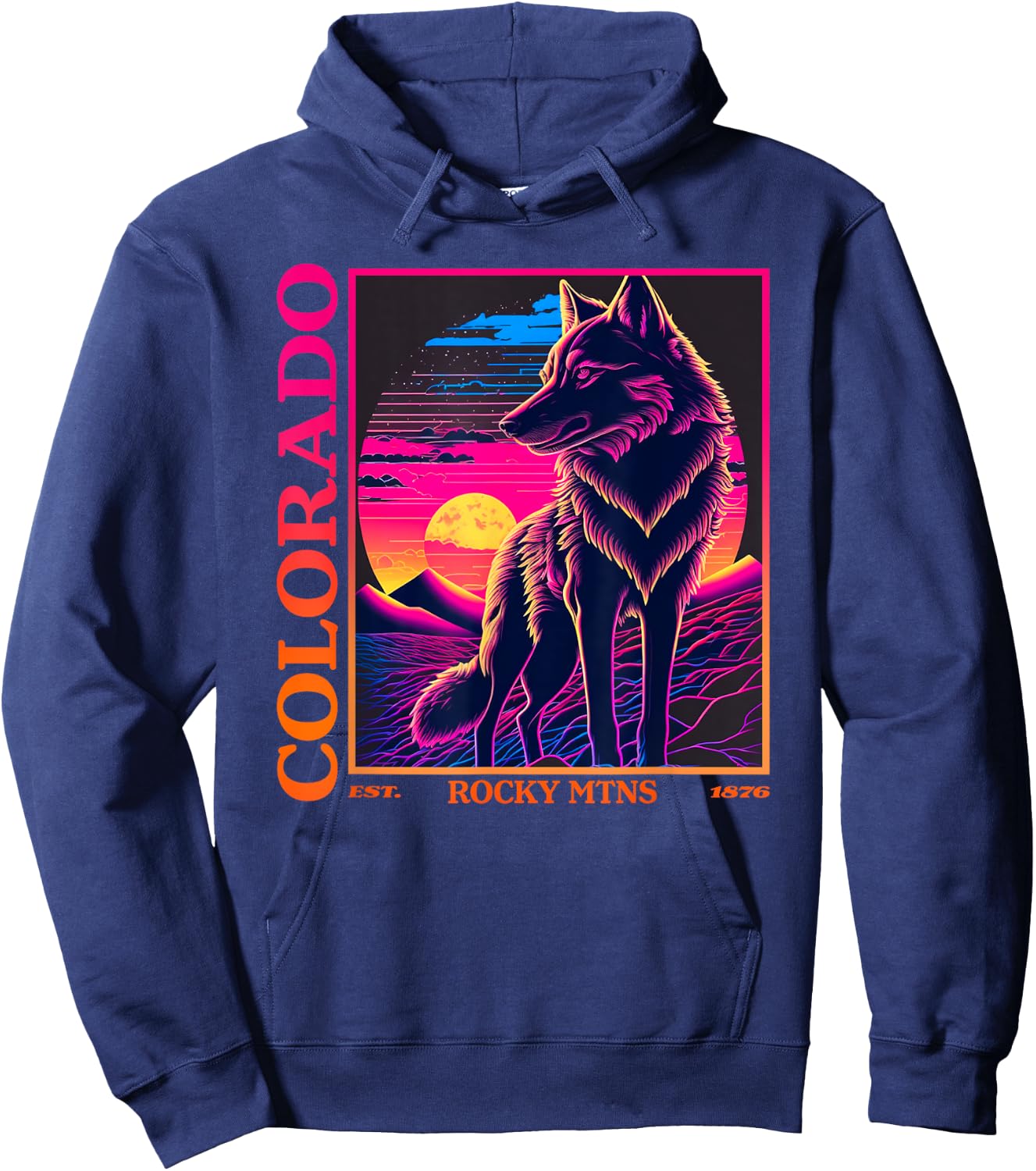 Colorado Mountain Wolf - Wolf, Moon, & Stars Retro Hoodie - Hoodie | Navy
