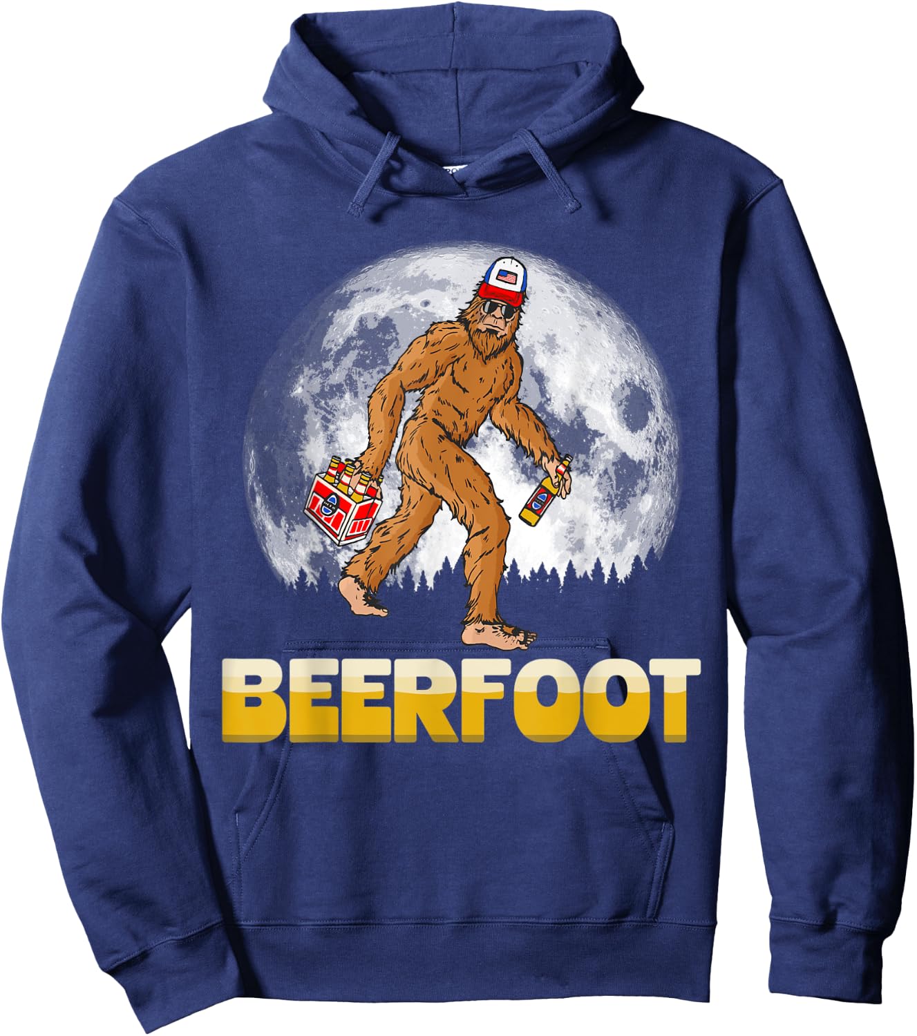 BeerFoot! Funny Hipster Sasquatch 6-Pack Full Moon Bigfoot Hoodie - Hoodie | Navy