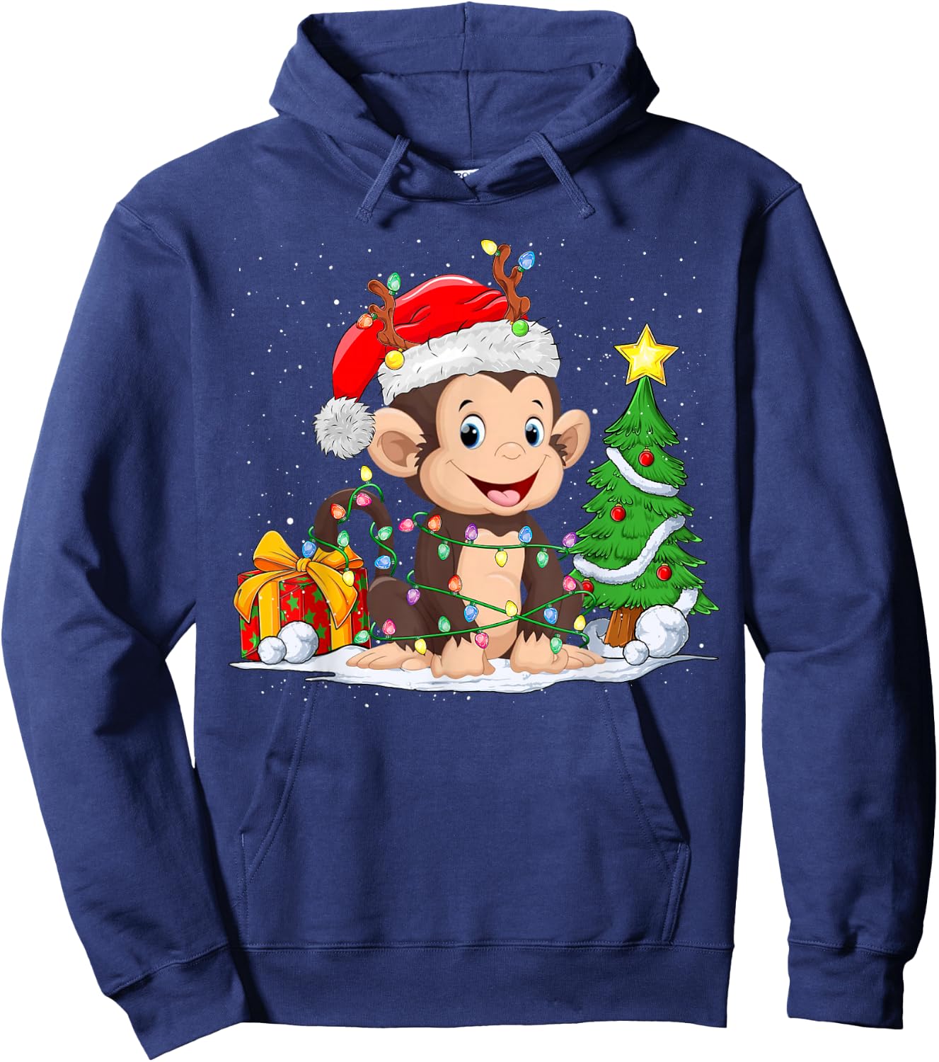 Cute Monkey Santa Christmas Tree Lights Xmas Pajama Monkey Hoodie - Hoodie | Navy