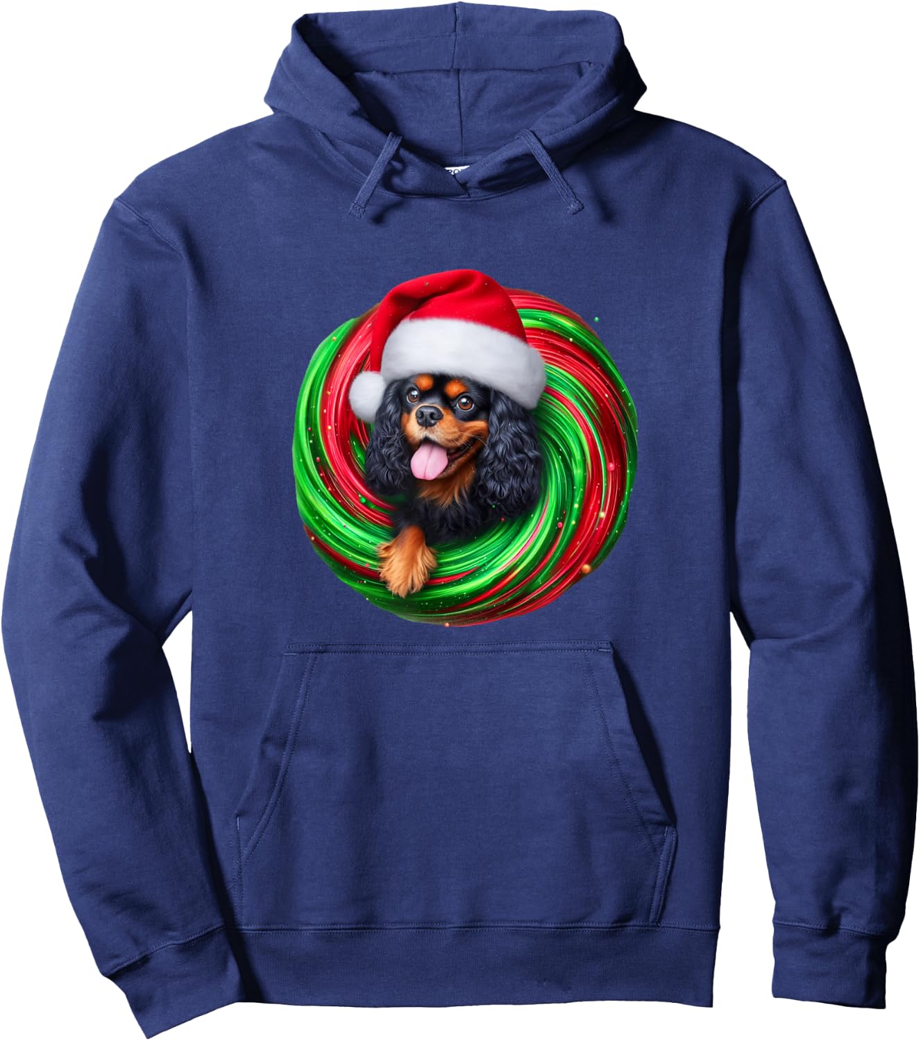 Cavalier King Charles Spaniel Dog Black Tan Christmas Swirl Men Women Hoodie - Hoodie | Navy