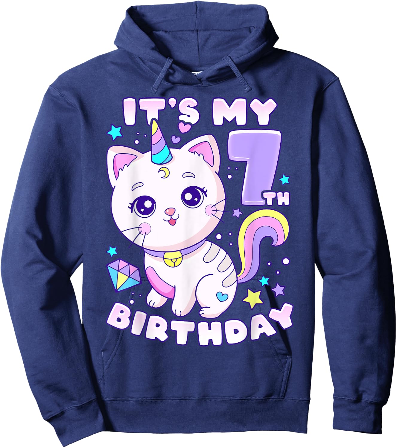 Birthday girl 7 years old, cat, unicorn, 7th birthday Hoodie - Hoodie | Navy