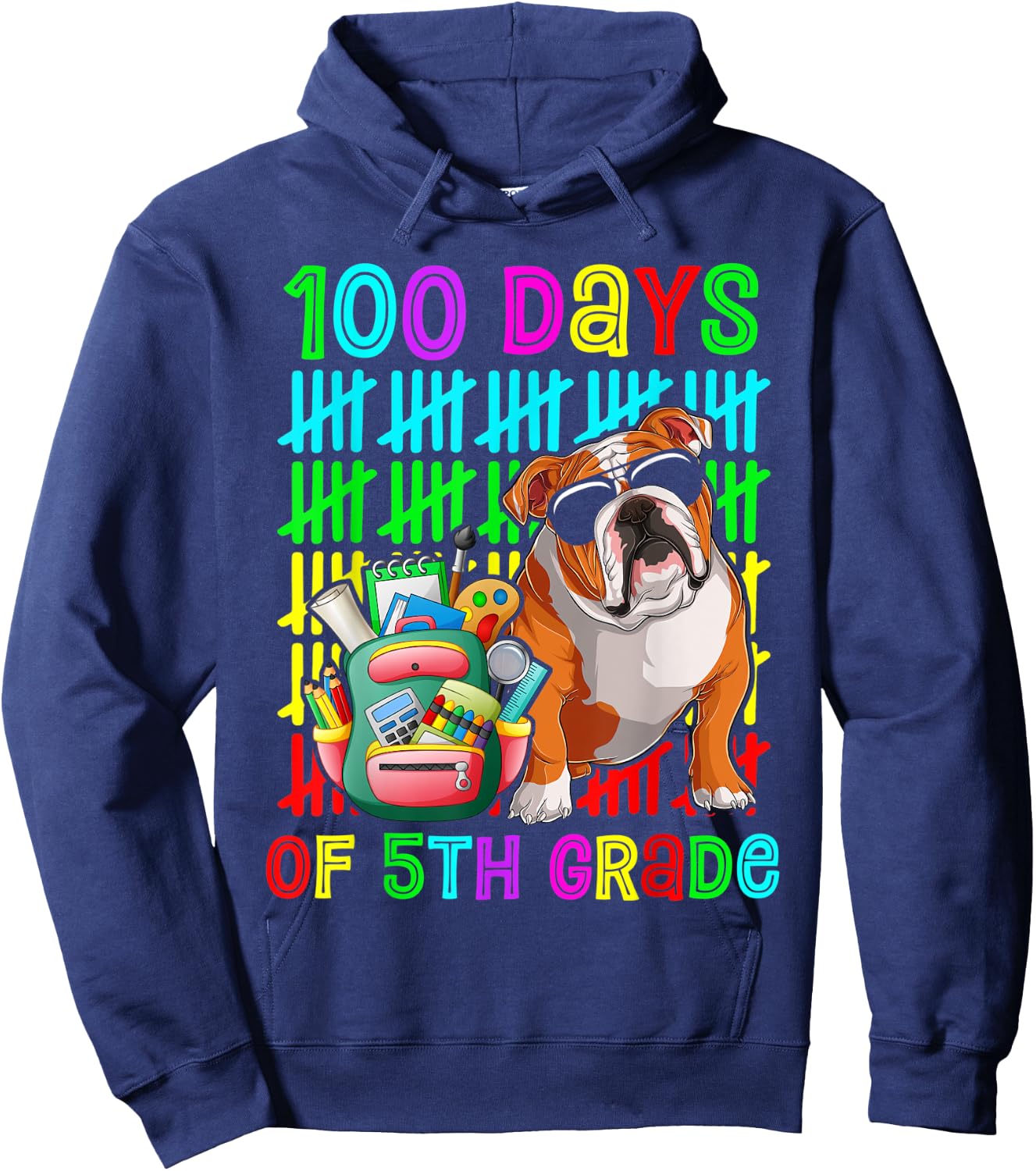 100th Day Of 5th Grade Boys Kids English Bulldog Dog Lovers Hoodie - Hoodie | Navy