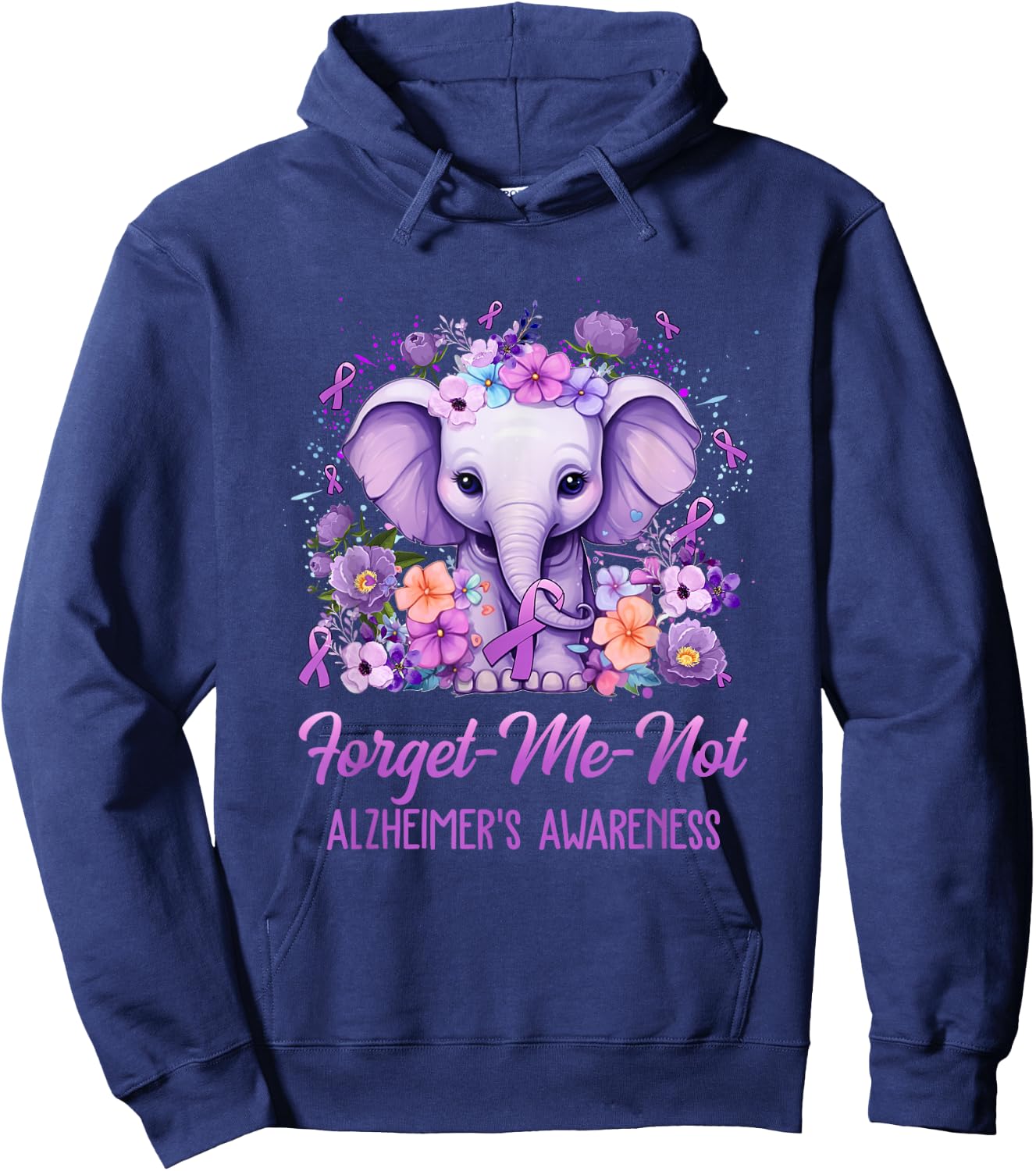 Forget Me Not Alzheimer's Awareness Month Elephant Flower Hoodie - Hoodie | Navy