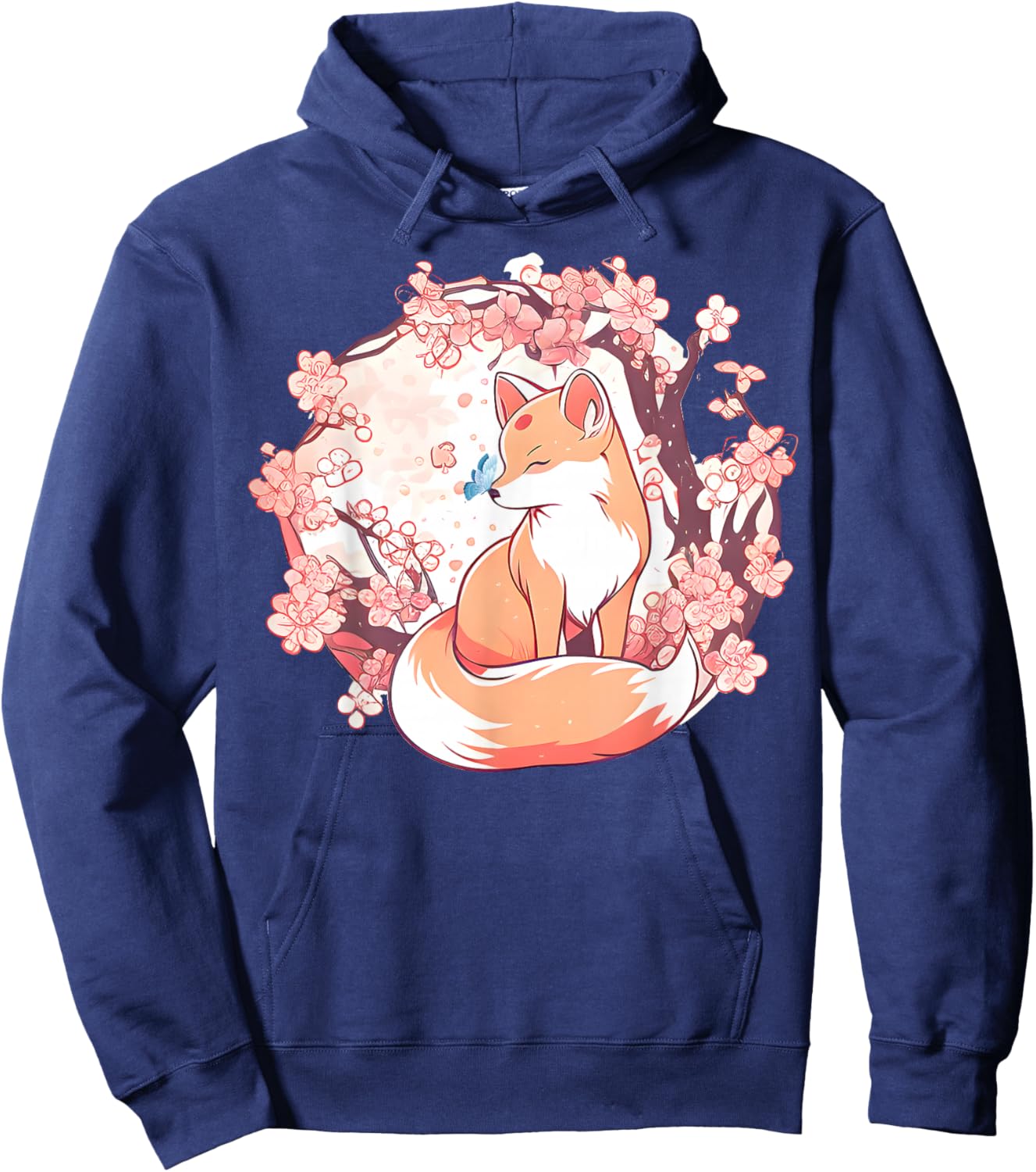 Fox Japanese Cherry Blossom Flower Butterfly Vintage Hoodie - Hoodie | Navy