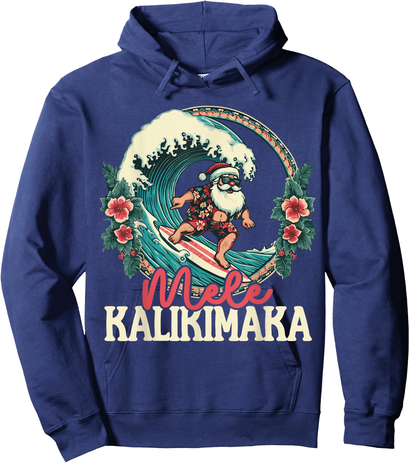 Mele Kalikimaka Santa Surfing Christmas Hawaiian Shaka Wave Hoodie - Hoodie | Navy