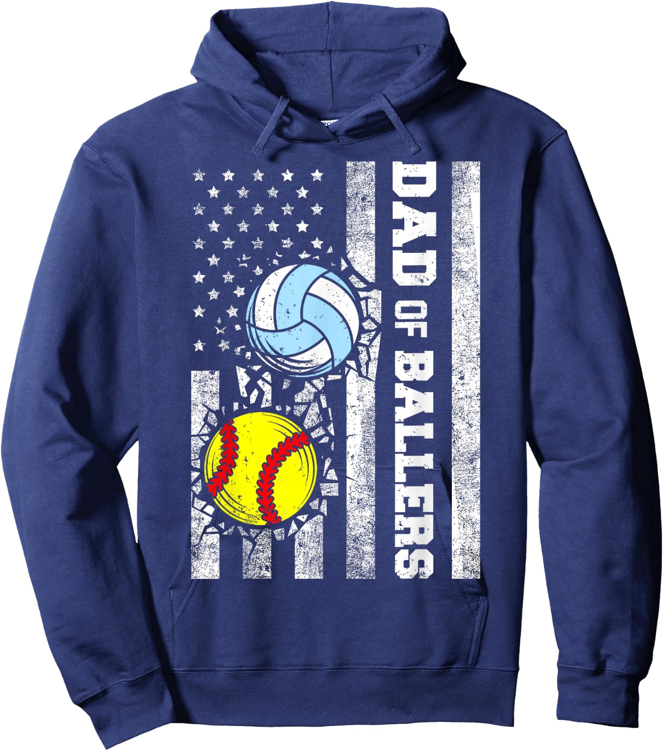 Dad of Ballers Funny USA Flag Softball Volleyball Dad Hoodie - Hoodie | Navy