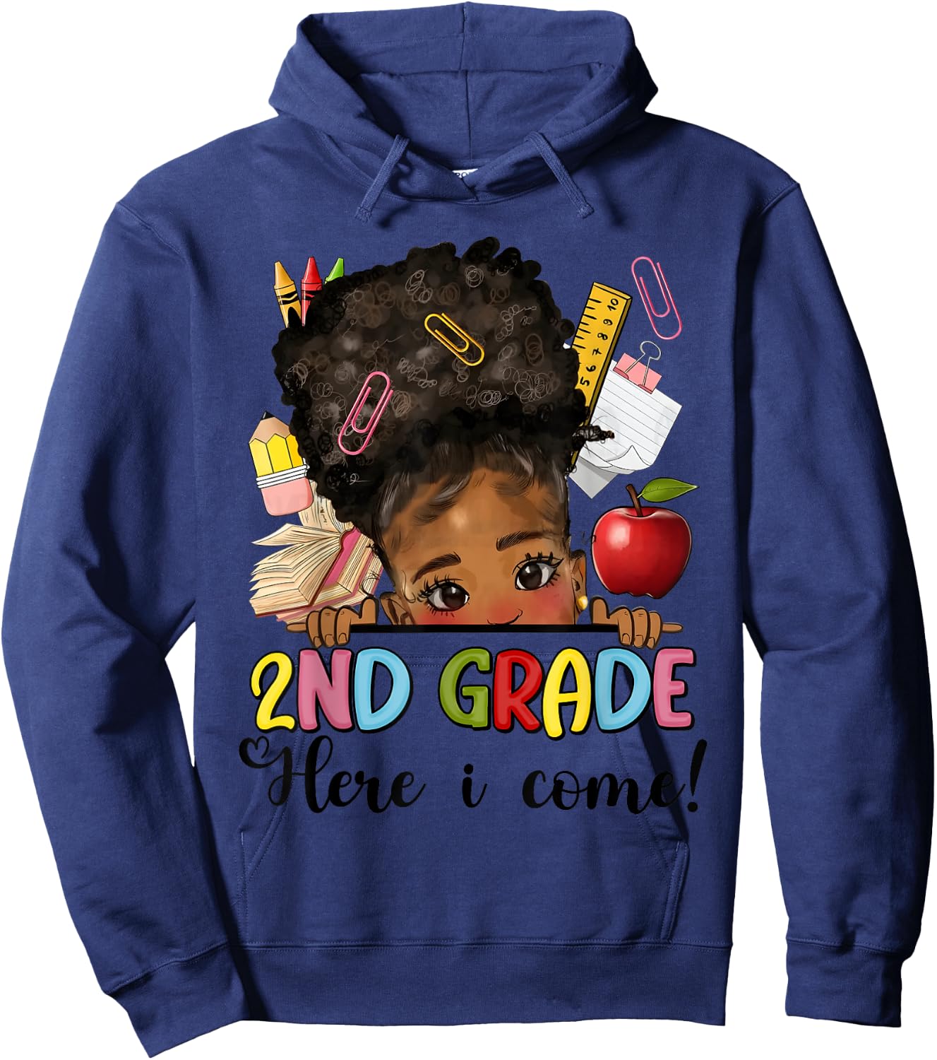 Second Grade Here I come Afro Girl Messy Bun Back to school Hoodie - Hoodie | Navy