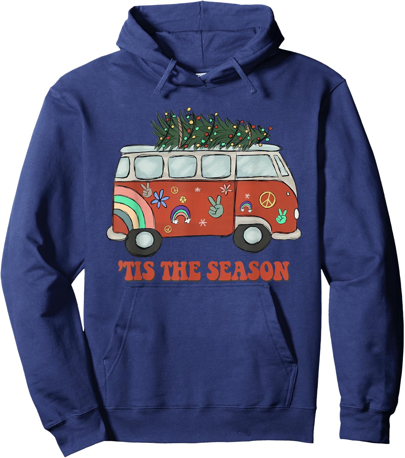 Tis the Season Hippie Christmas Retro Vintage Peace Camping Hoodie - Hoodie | Navy