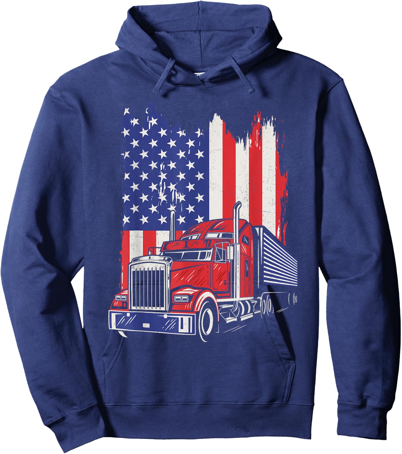 Trucker American Flag Truck Driver 18 Wheeler 4th of July Hoodie - Hoodie | Navy