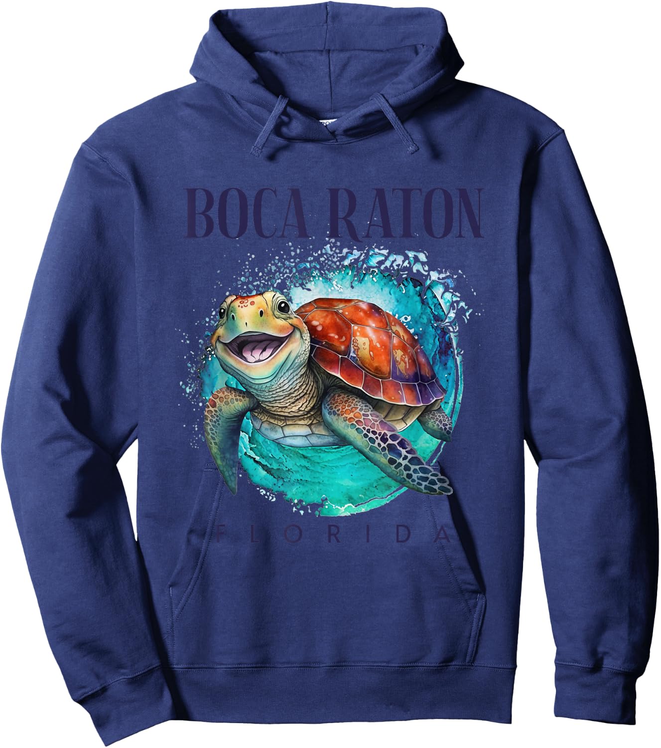 Boca Raton Florida Watercolor Happy Sea Turtle Hoodie - Hoodie | Navy