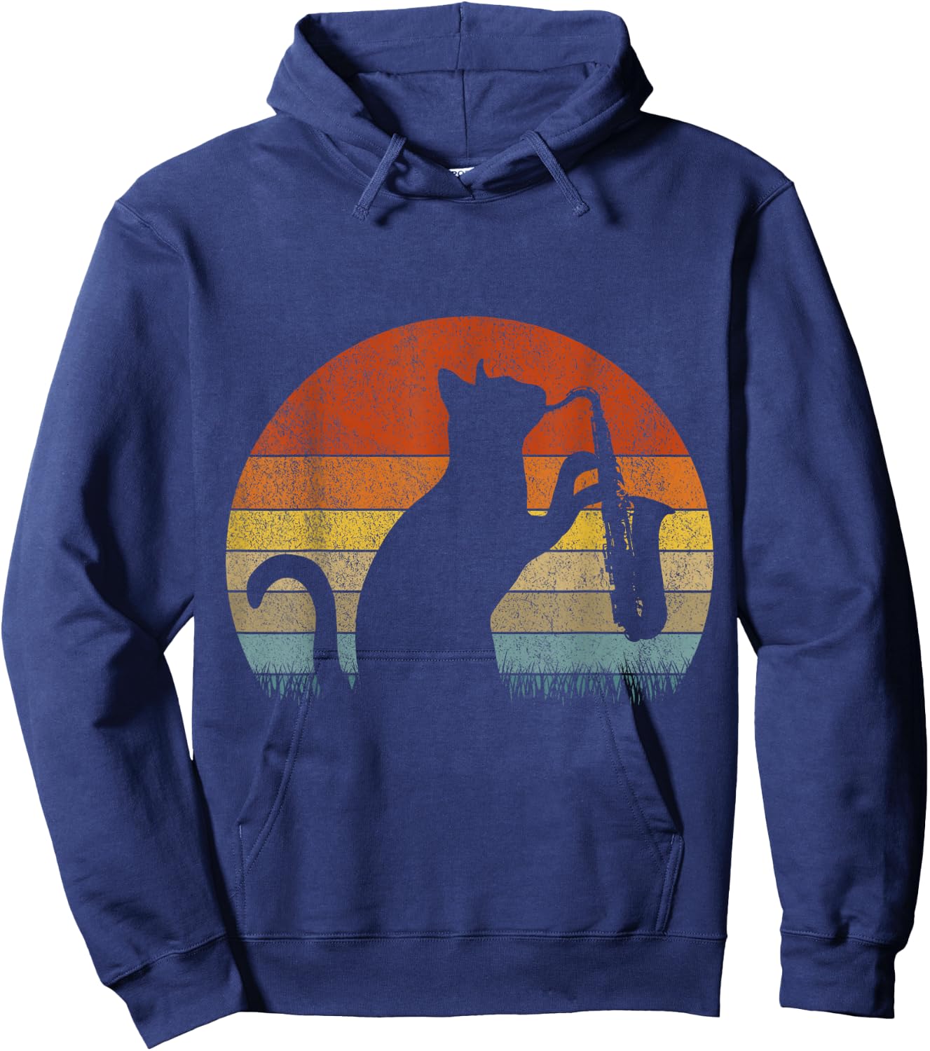 Funny Saxophone Cat Musician Jazz Music Lover Retro Vintage Hoodie - Hoodie | Navy