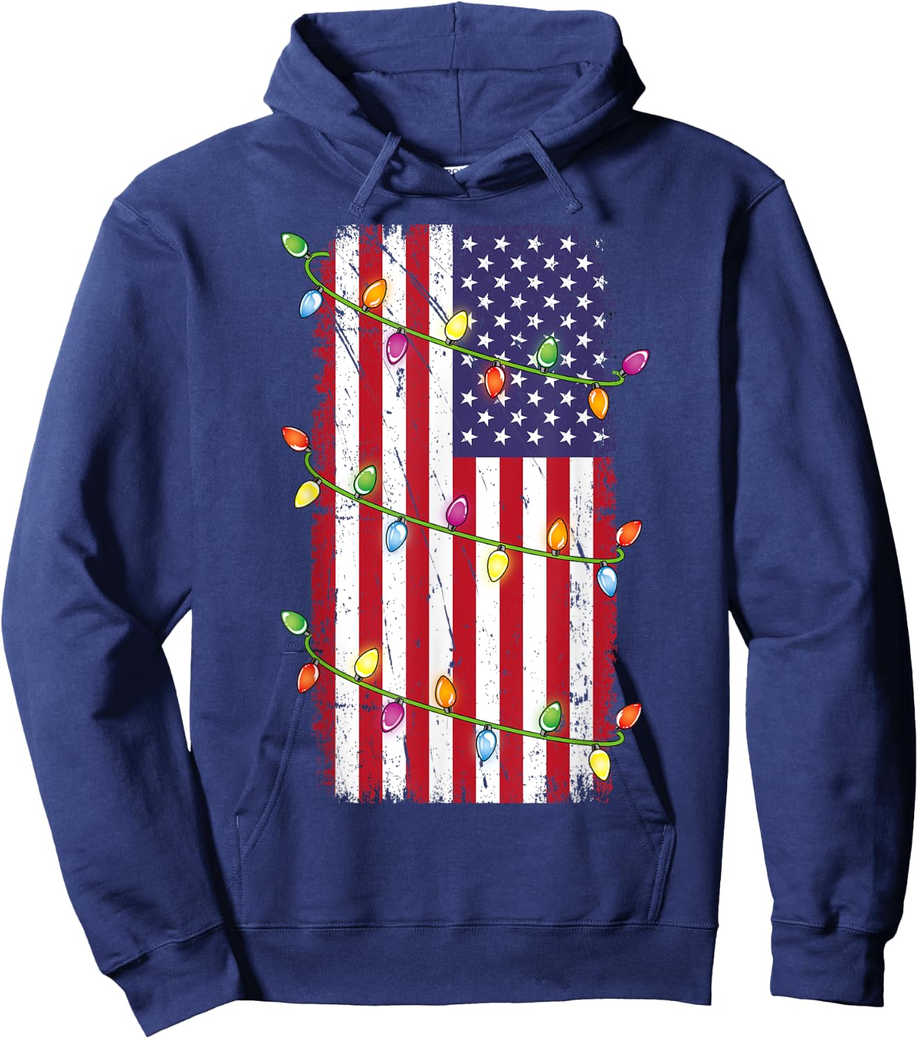 Christmas Lights USA Flag Shirt Patriotic Veteran Christmas Hoodie - Hoodie | Navy