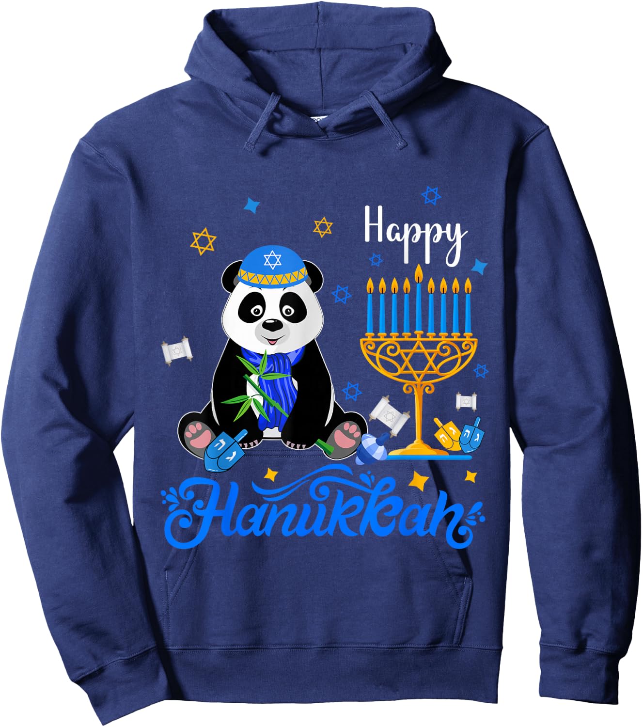 Happy Hanukkah Panda Wearing Jewish Hat Menorah Dreidel Hoodie - Hoodie | Navy