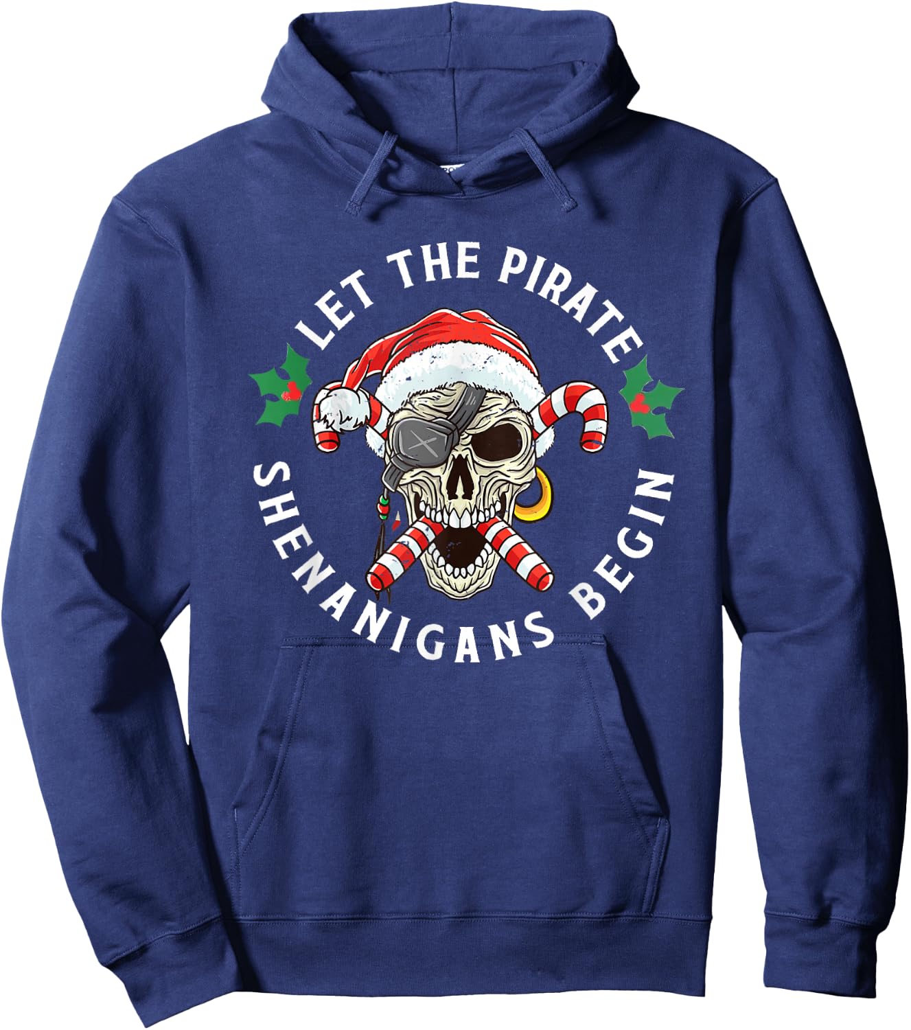 Skeleton Skull Santa Pirate Candy Cane Christmas Jolly Roger Hoodie - Hoodie | Navy