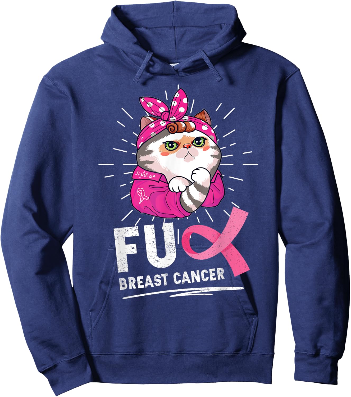 Funny Cat Warrior Fuck Cancer Breast Cancer Awareness Women Hoodie - Hoodie | Navy