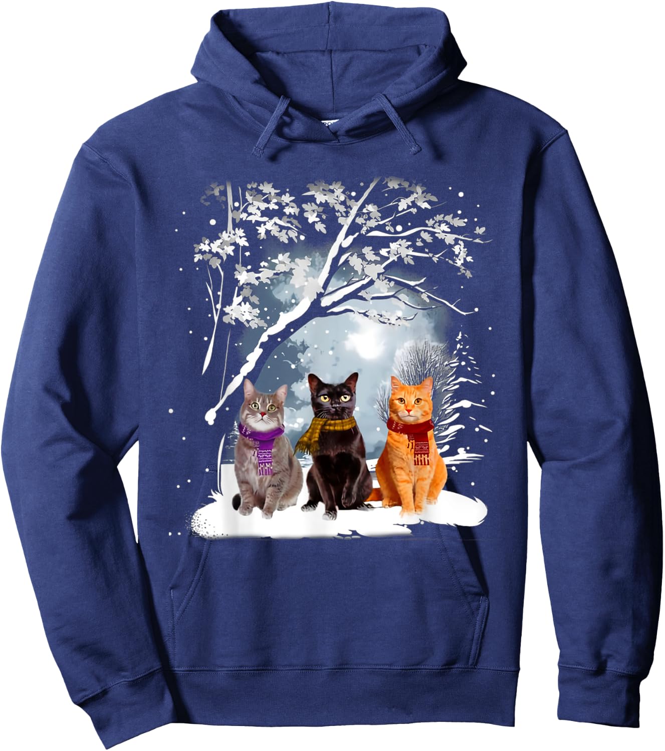 Three Cats Play Snow Winter Funny Cat Lover Merry Christmas Hoodie - Hoodie | Navy