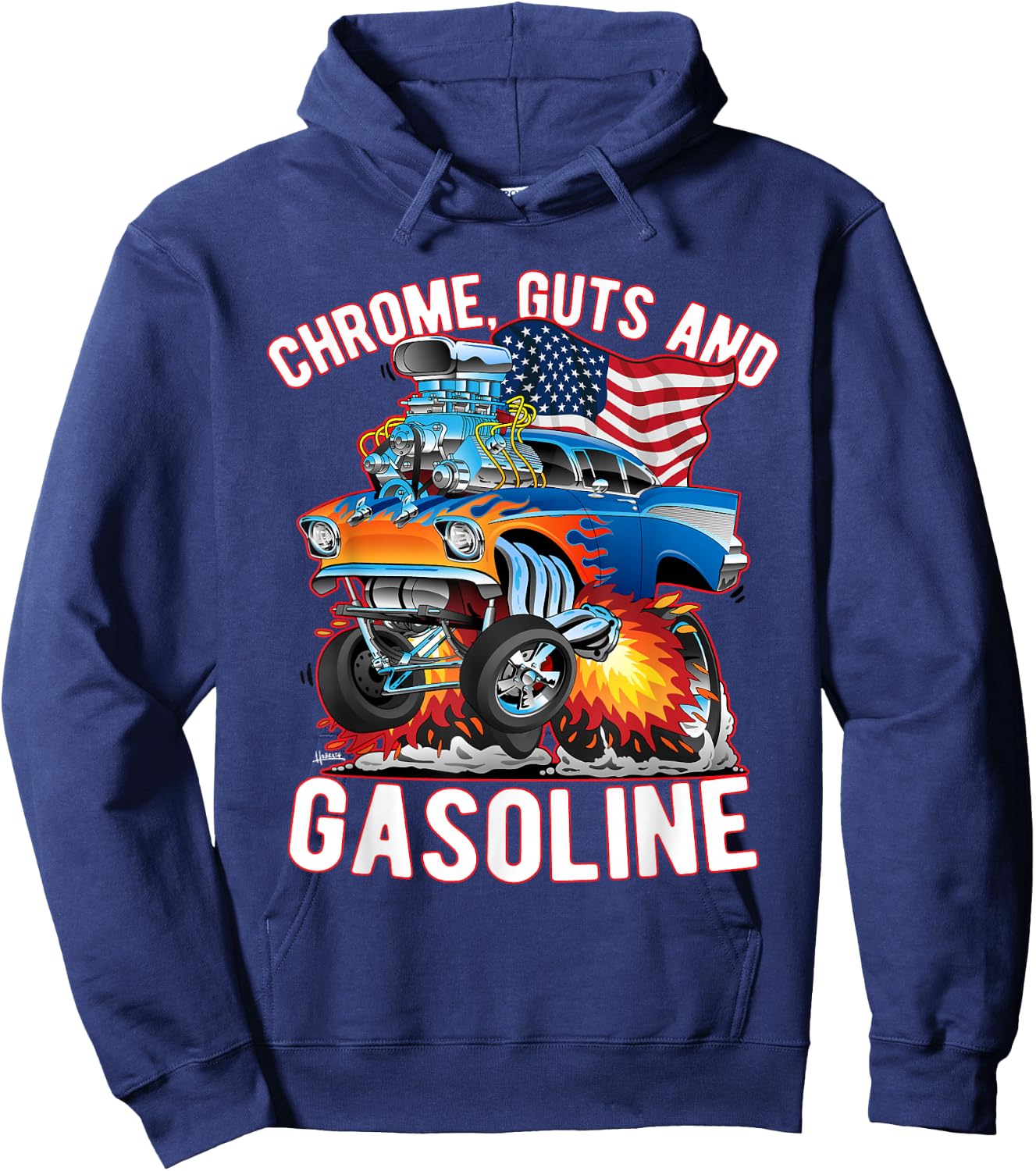 Jeff Hobrath Funny Chrome Guts and Gasoline Hotrod Car Cartoon Design - -Adults/Kids, Black, Short Sleeve, Small Hoodie - Hoodie | Navy