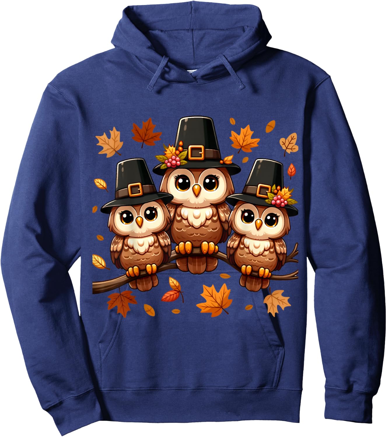 Pilgrim Owls on Autumn Perch Thanksgiving Hoodie - Hoodie | Navy