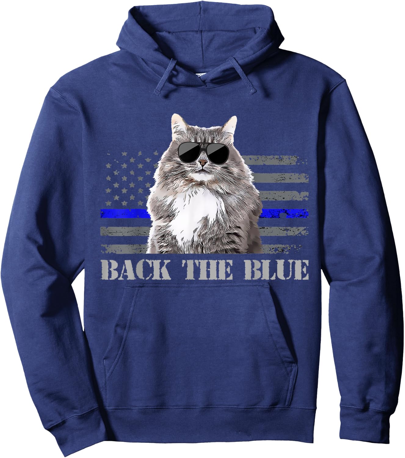 Back the Blue Police Cat Thin Blue Line American Flag Kids Men Hoodie - Hoodie | Navy
