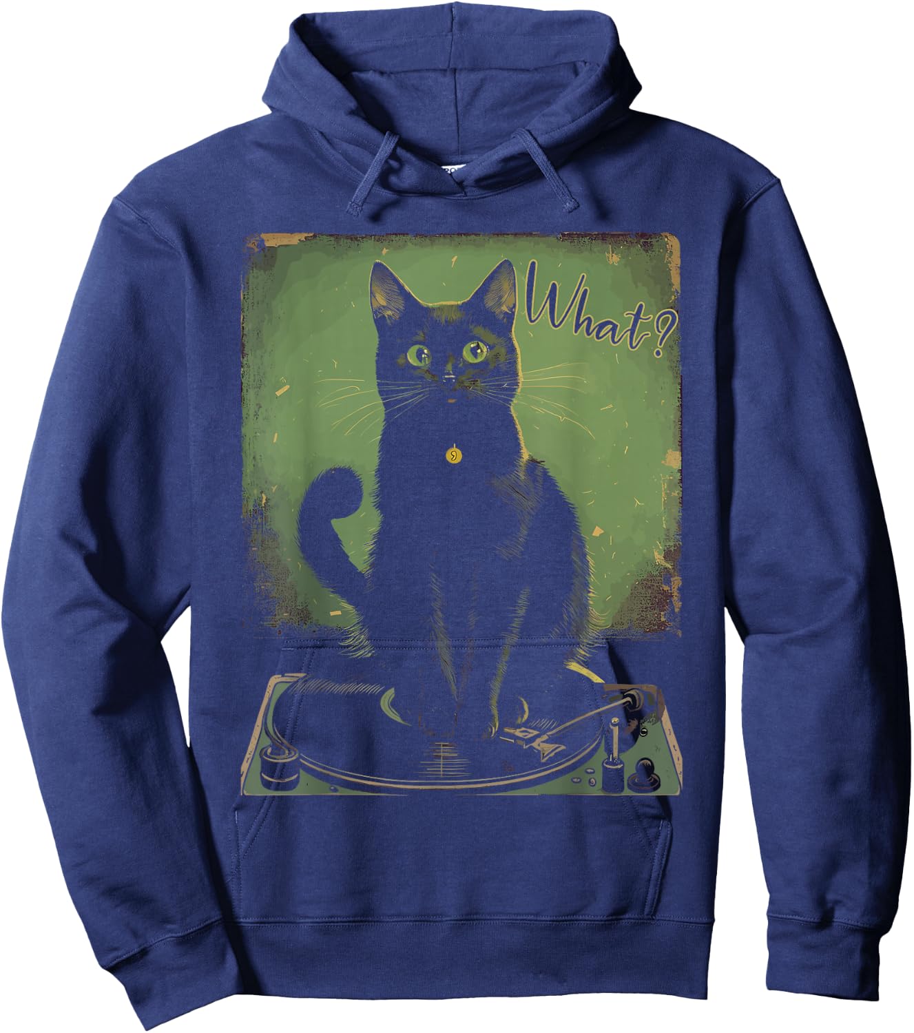 Black Cat Sitting On Vinyl Record Player Women Men Hoodie - Hoodie | Navy