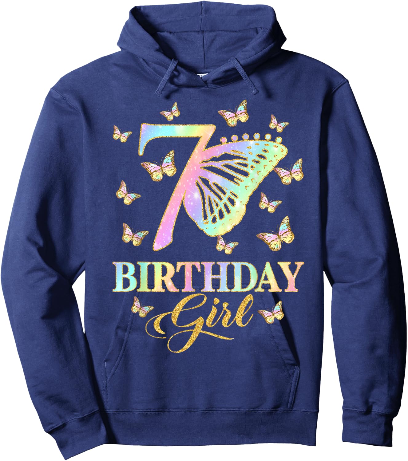 Butterfly 7th Birthday Outfit 7 Year Old Girl Kids Cute Hoodie - Hoodie | Navy