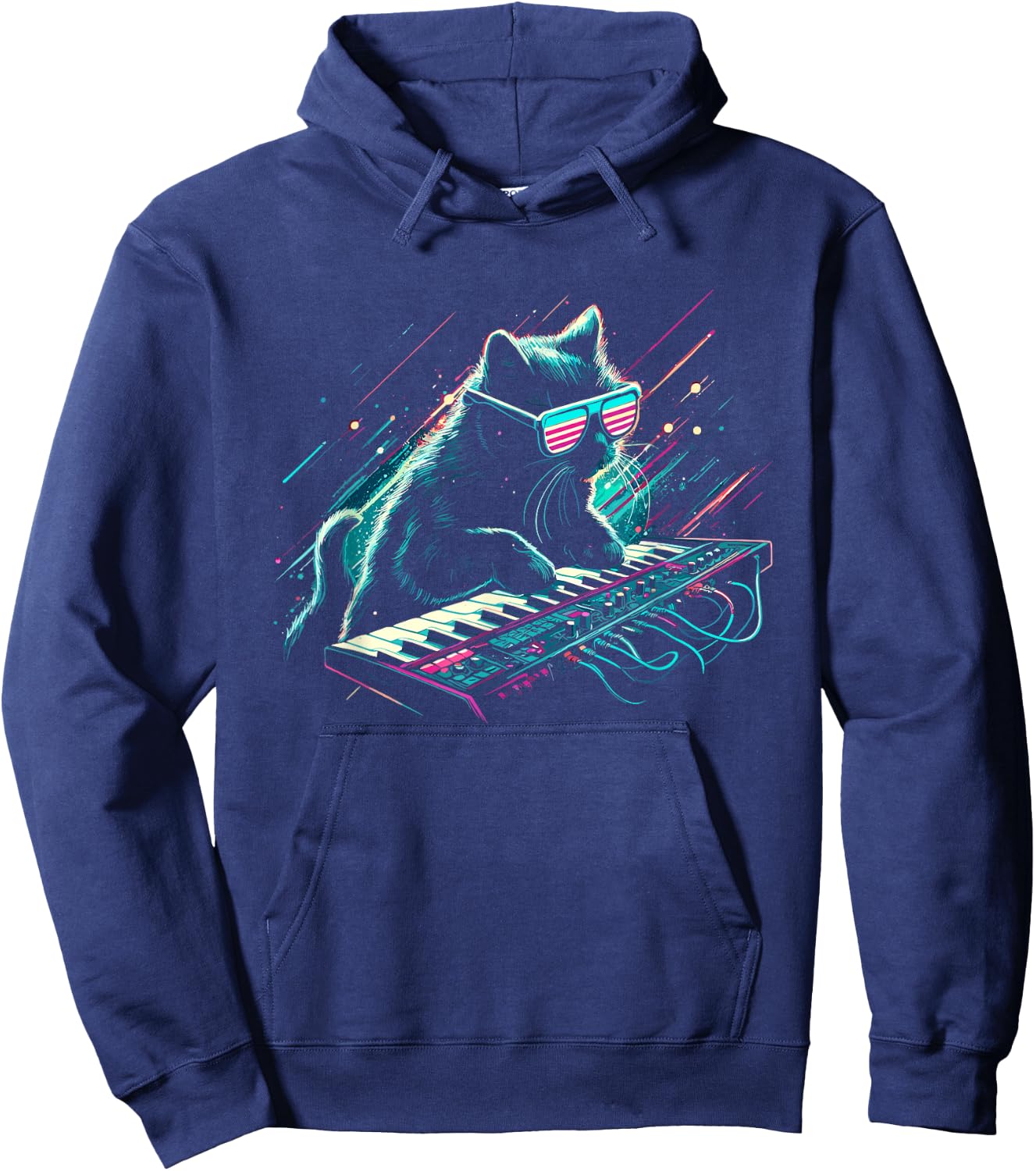 DJ Cat With Synthesizer - Funny Vintage 80s 90s Disco Cat Hoodie - Hoodie | Navy