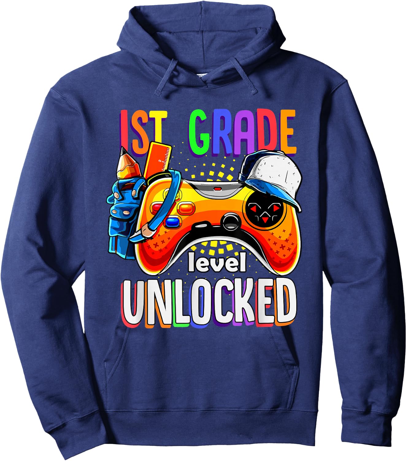 Gamer Back to School Gamepad 1st First Grade Level Unlocked Hoodie - Hoodie | Navy