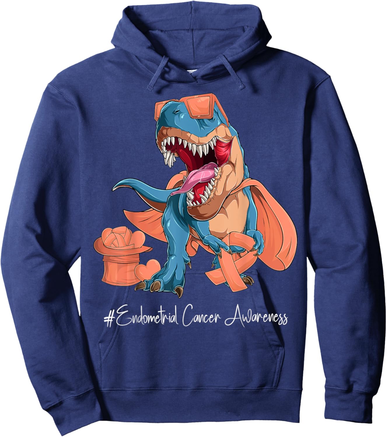 Endometrial Cancer Awareness Month Peach Ribbon Trex Hoodie - Hoodie | Navy