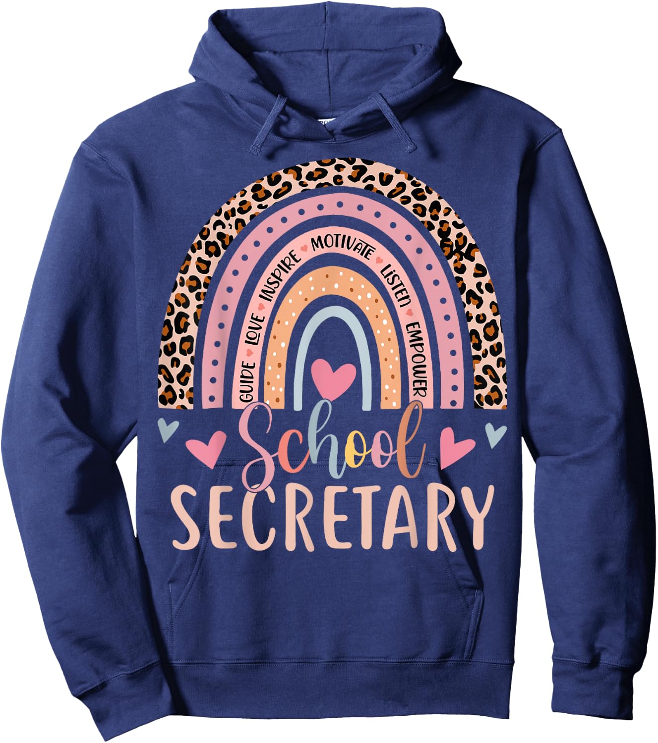 Funny School Secretary Rainbow Leopard Print Front Office Hoodie - Hoodie | Navy